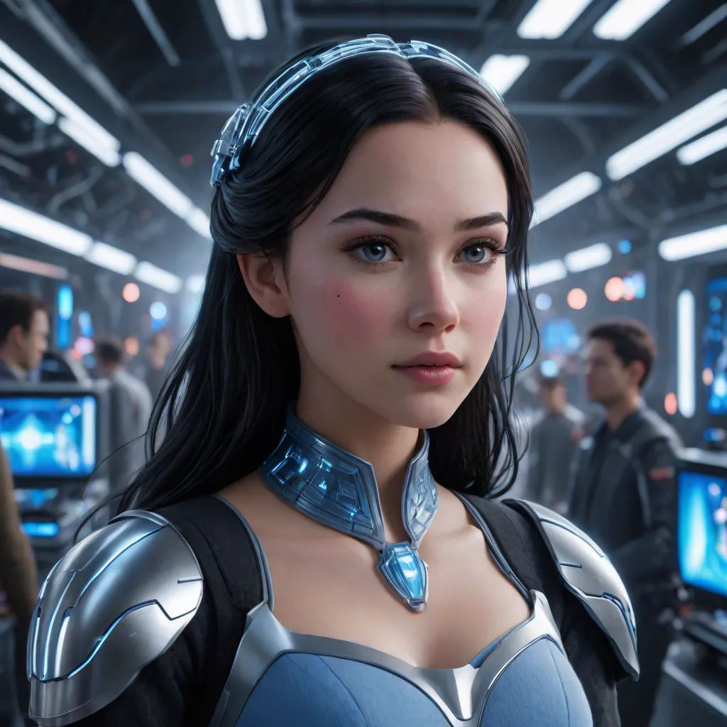 a woman in a futuristic suit standing in a room with other people in the background and a robot suit on, fantasy art, computer graphics, Cedric Peyravernay, cgstudio