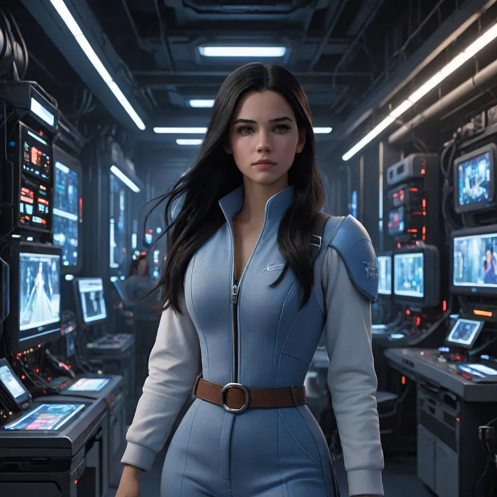 a woman in a sci - fi suit standing in a room full of monitors and screens with a sci - fi theme, retrofuturism, computer graphics, Cedric Peyravernay, cgstudio