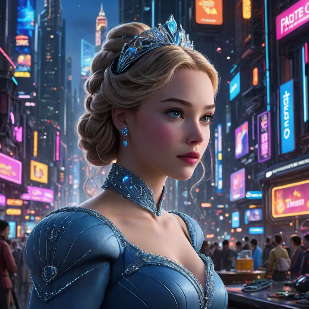 a woman in a blue dress and tiara in a city at night with neon signs and buildings in the background, photorealism, a detailed matte painting, Drew Struzan, rossdraws global illumination