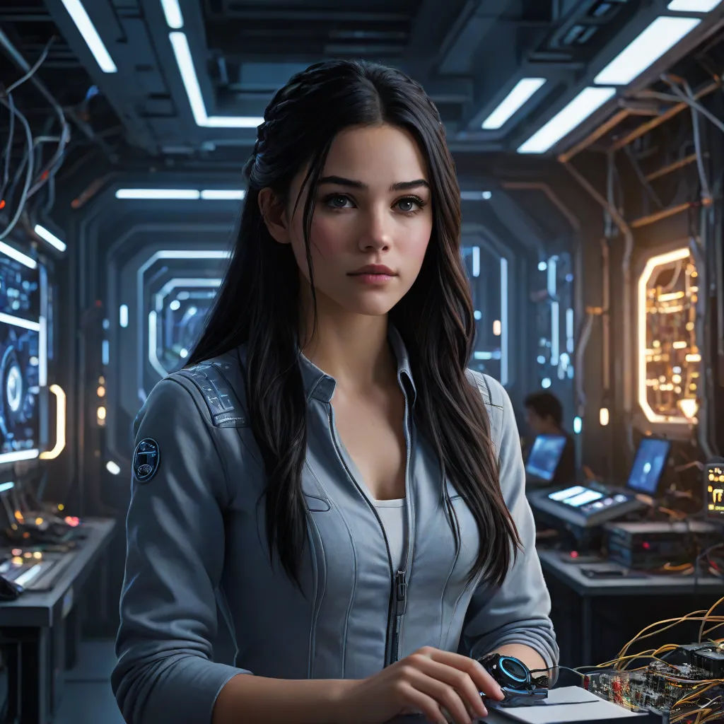 a woman in a space station with a laptop computer in her hands and a sci - fi theme on the wall, computer art, computer graphics, Cedric Peyravernay, cgstudio