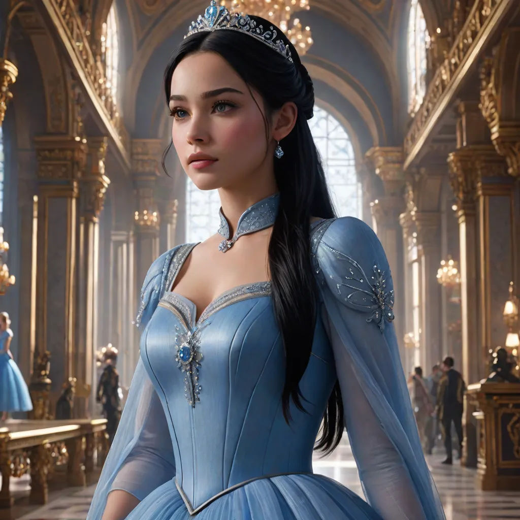 a woman in a blue dress and tiara in a palace setting with chandeliers and chandeliers, photorealism, a detailed matte painting, Araceli Gilbert, rossdraws global illumination
