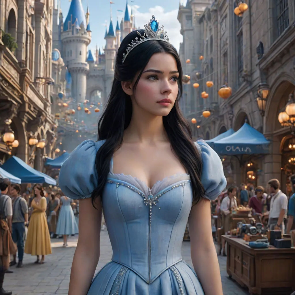 a woman in a blue dress standing in front of a castle with people in it and balloons flying overhead, magical realism, a colorized photo, Alice Prin, promotional image