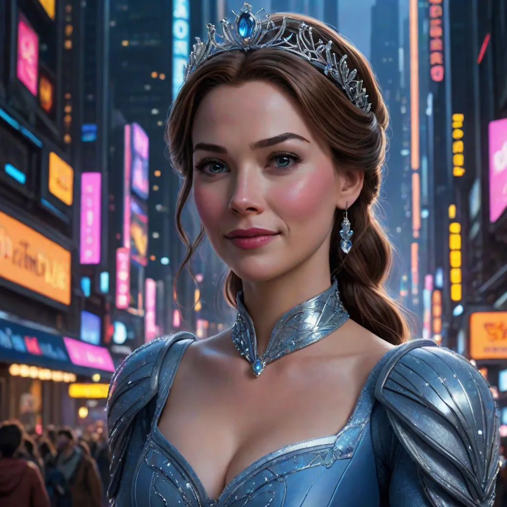 a woman in a blue dress and tiara in a city at night with neon signs and buildings in the background, photorealism, a photorealistic painting, Clint Cearley, rossdraws global illumination