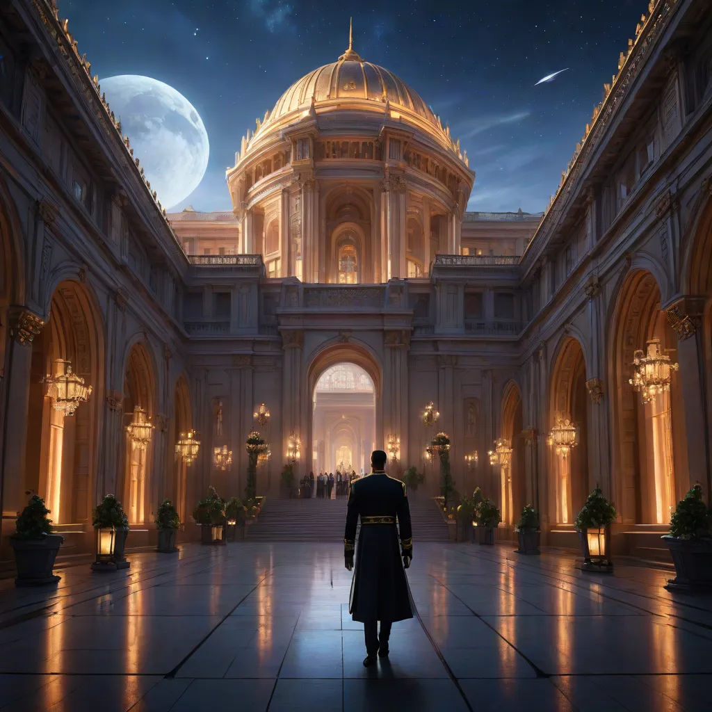 a man in a long coat is standing in a large building with a dome and a full moon in the background, fantasy art, a detailed matte painting, Cedric Peyravernay, unreal engine 5