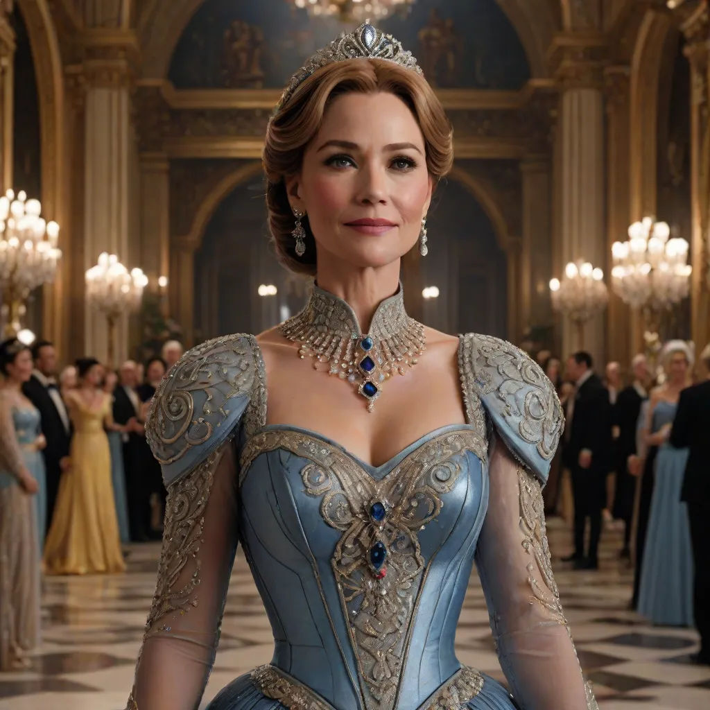 a woman in a blue dress standing in a hall with people in the background wearing fancy jewelry and tiaras, rococo, a poster, Constance-Anne Parker, promotional image