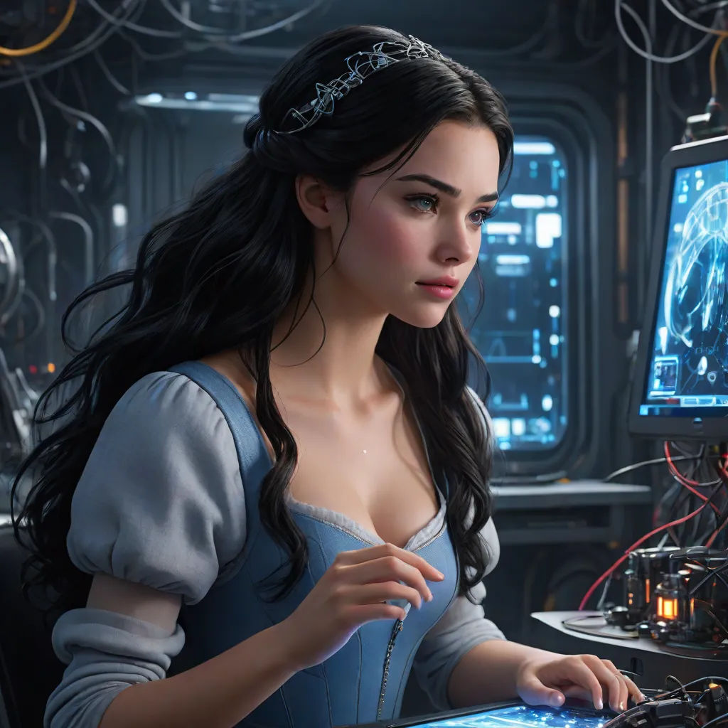 a woman in a blue dress is looking at a computer screen and holding a tablet in her hand and a robot behind her, computer art, computer graphics, Cedric Peyravernay, cgstudio