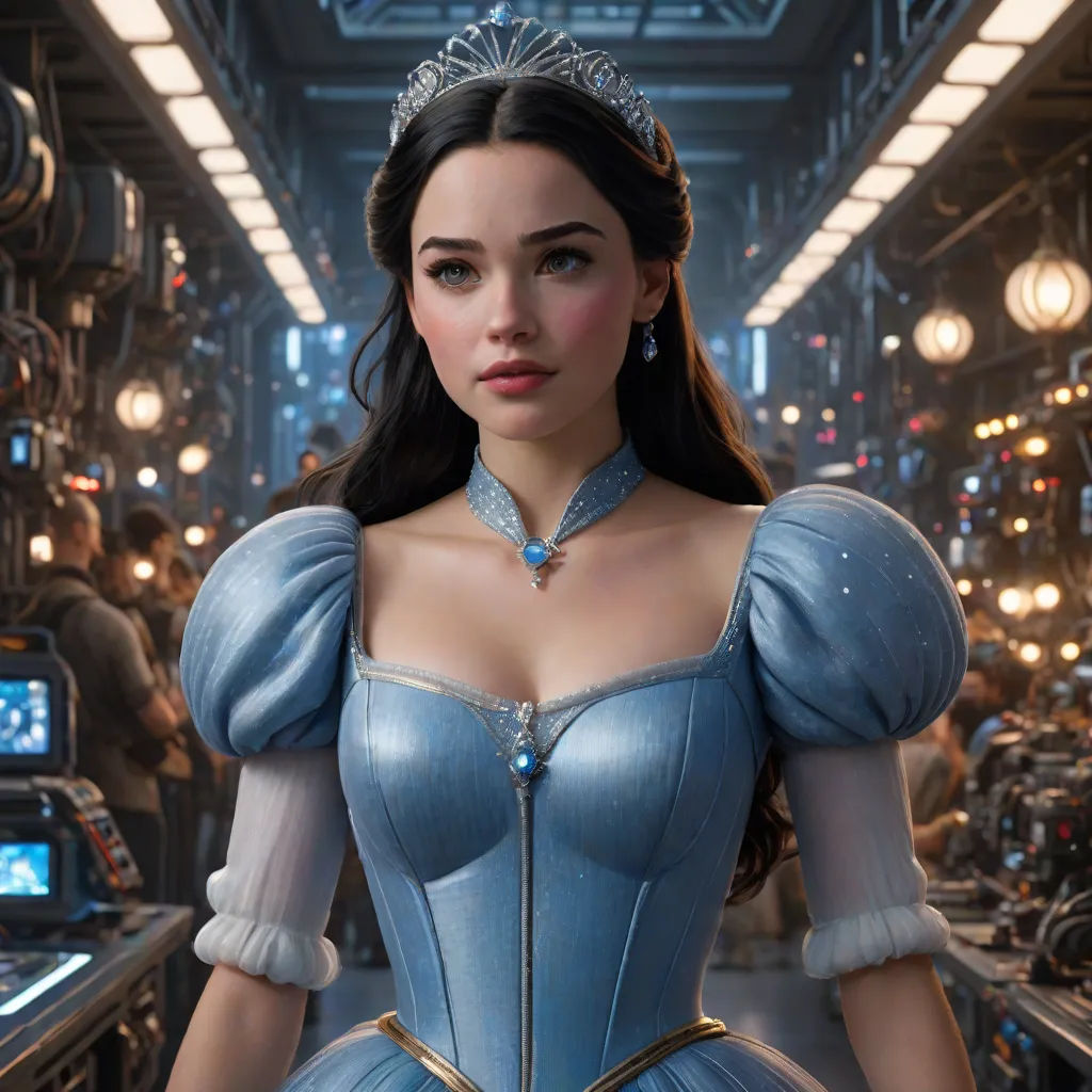 a woman in a blue dress and tiara in a room full of people and lights and a clock, photorealism, a detailed matte painting, Alice Prin, rossdraws global illumination