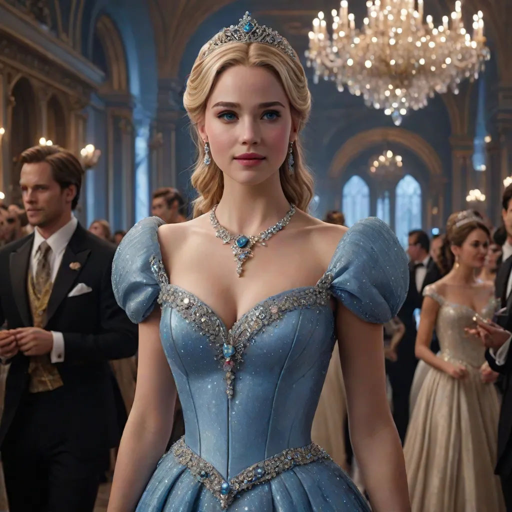 a woman in a blue dress standing in a room full of people wearing formal wear and a tiara, rococo, a poster, Constance-Anne Parker, promotional image