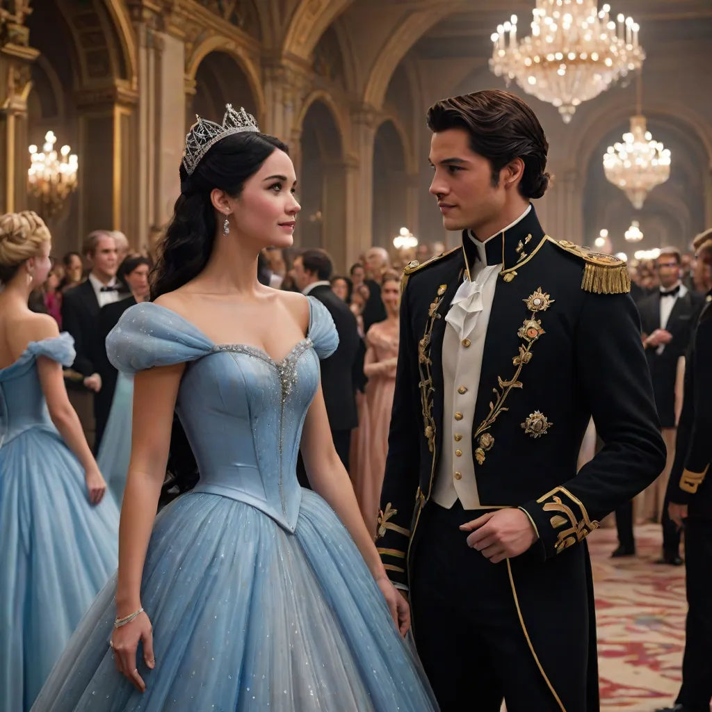 a man and a woman in formal wear standing in a ballroom together, dressed in blue dresses and tiaras, magical realism, a poster, Edward George Handel Lucas, promotional image