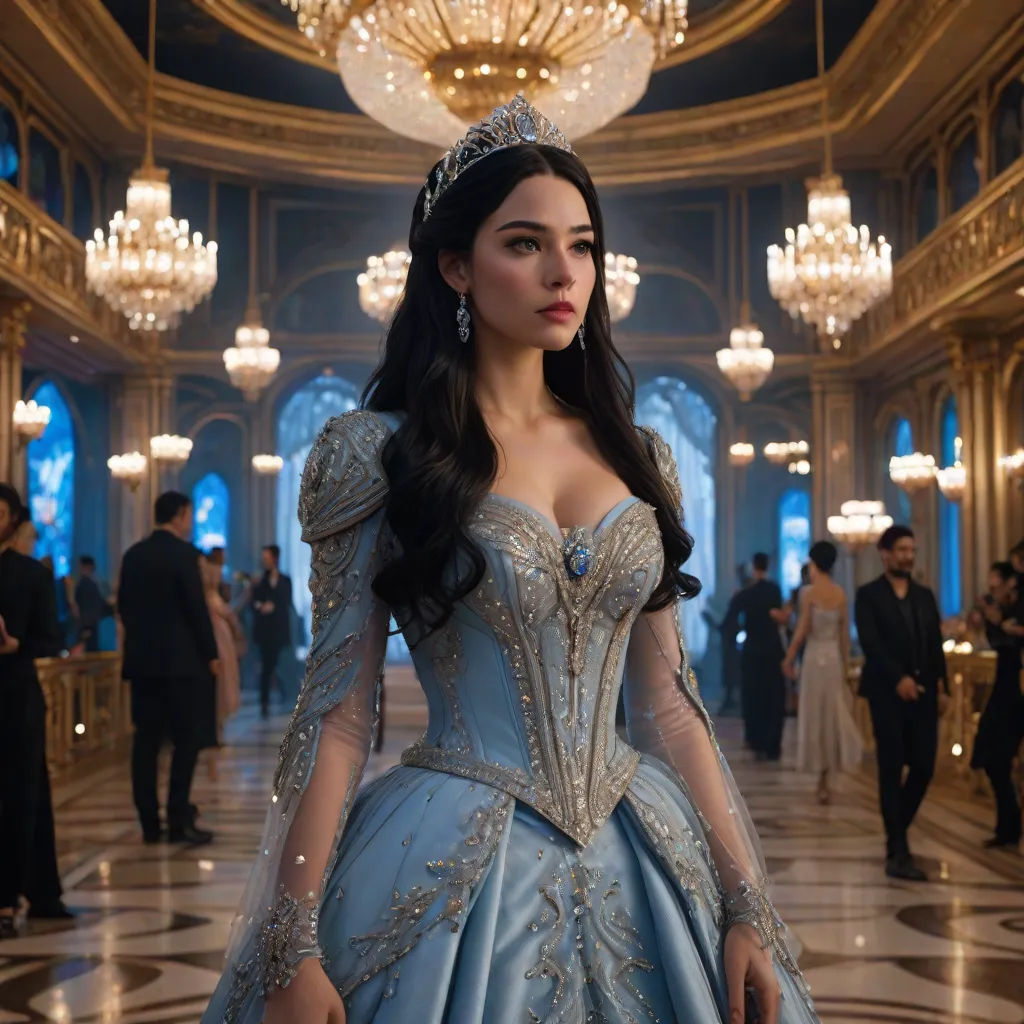 a woman in a blue gown standing in a hall with chandeliers and chandeliers on the ceiling, rococo, a poster, Araceli Gilbert, movie still