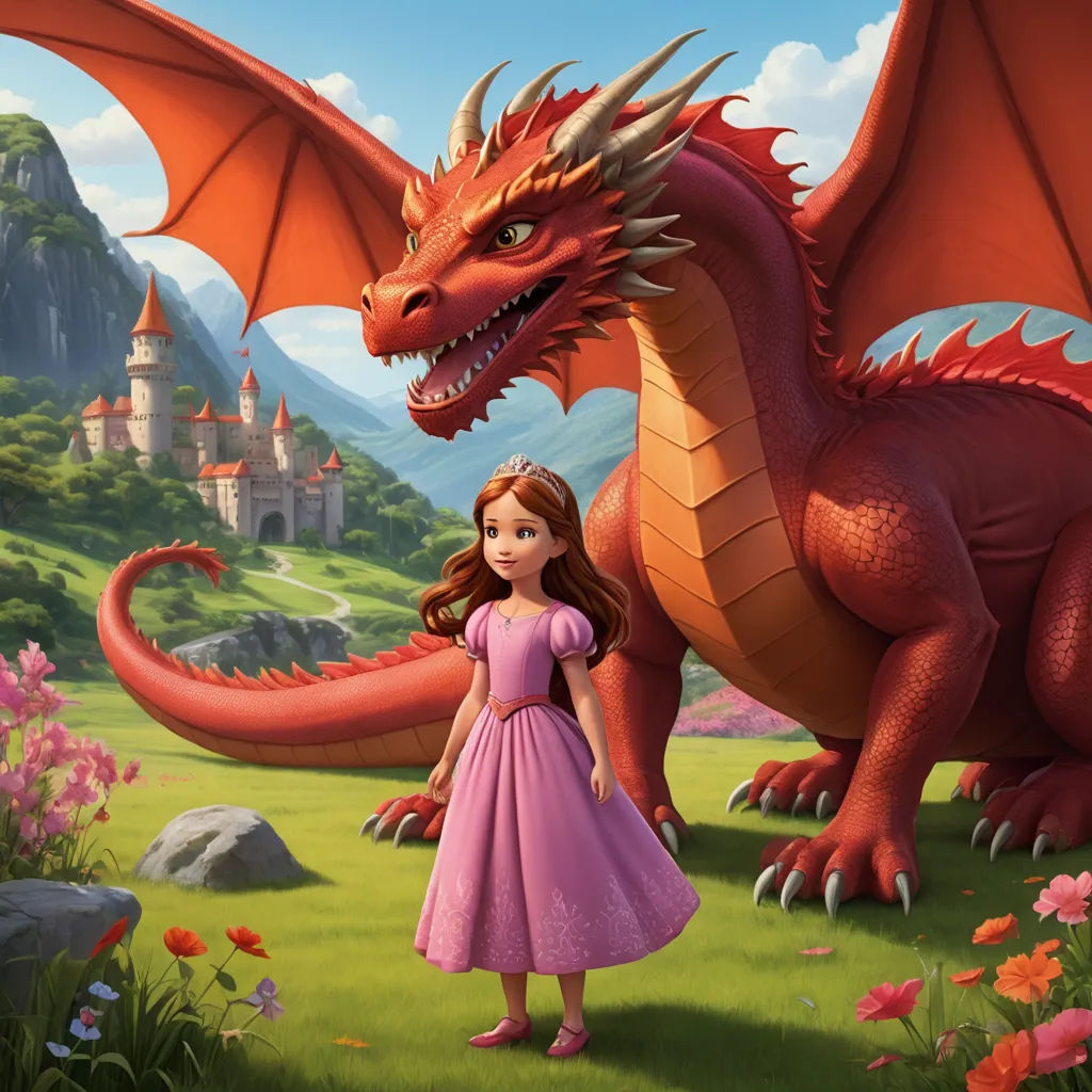 a girl in a pink dress standing next to a dragon in a field of flowers and grass with a castle in the background, fantasy art, a storybook illustration, Chris LaBrooy, promotional image
