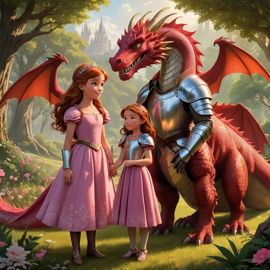 a painting of a girl and a dragon with a princess in a pink dress standing next to each other, sots art, a storybook illustration, disney, official art