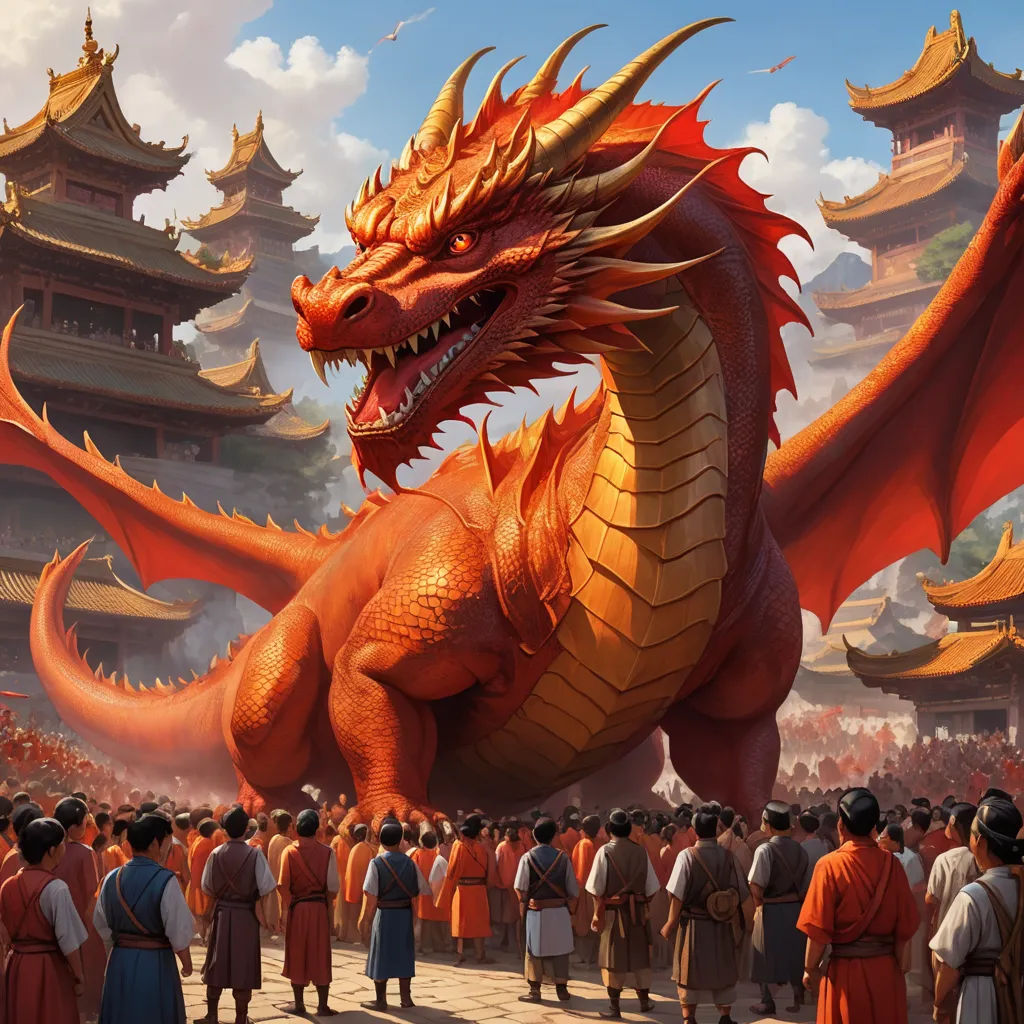 a dragon statue is in front of a crowd of people in a chinese temple with a sky background and clouds, fantasy art, a detailed painting, Clint Cearley, magic the gathering artwork