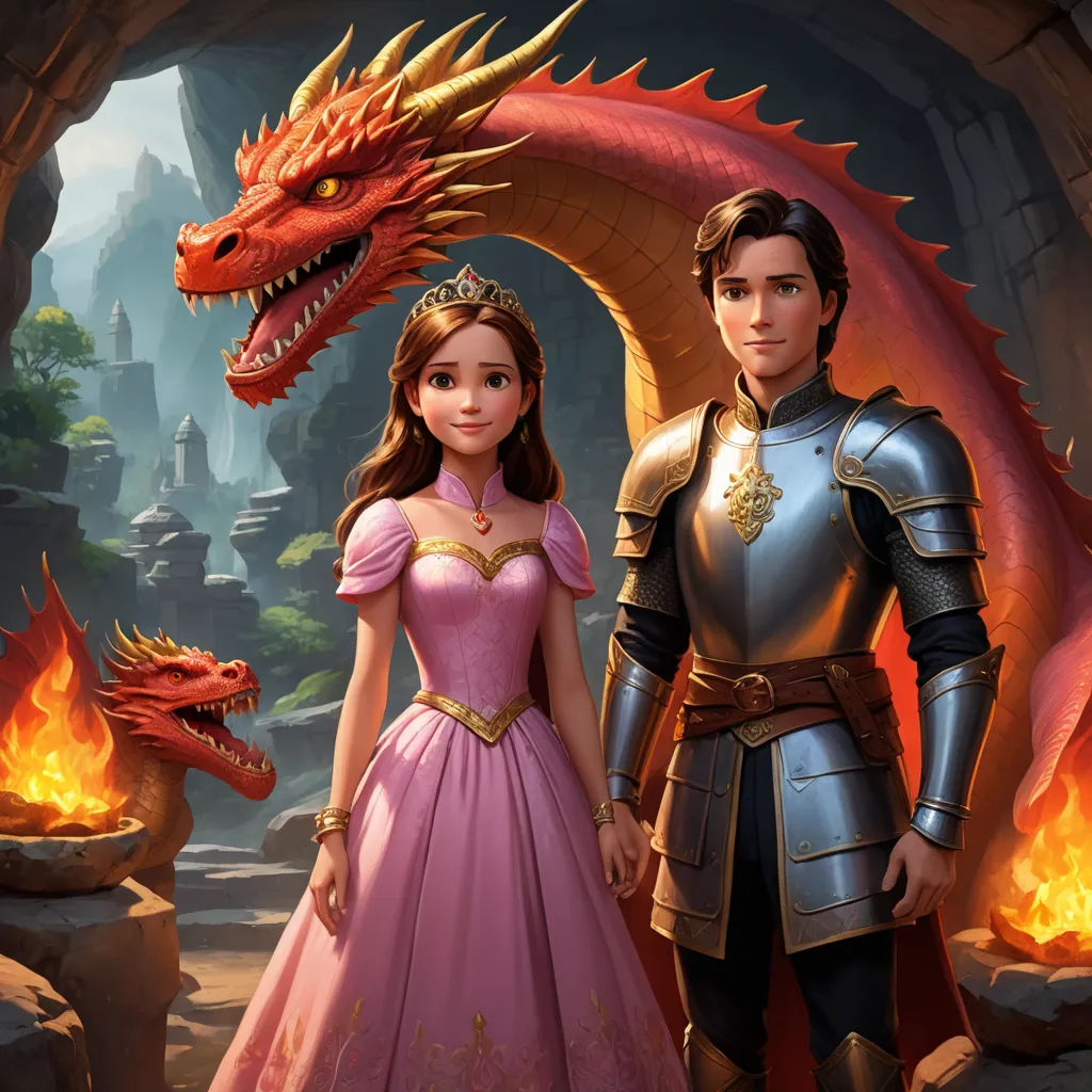 a man and a woman in a dress standing next to a dragon and a fire pit in a cave, fantasy art, a storybook illustration, disney, official art