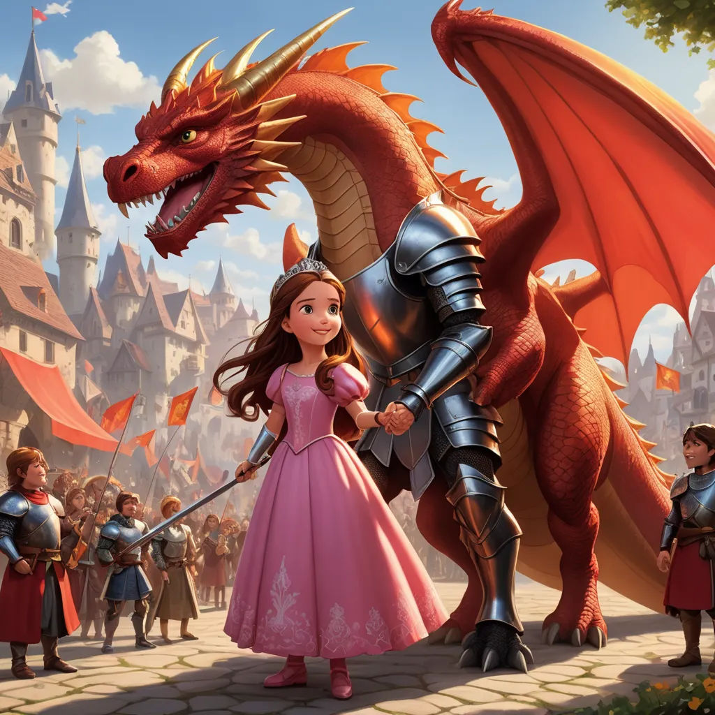 a young girl in a pink dress standing next to a dragon in a castle with other people around her, fantasy art, a storybook illustration, Clint Cearley, storybook illustration