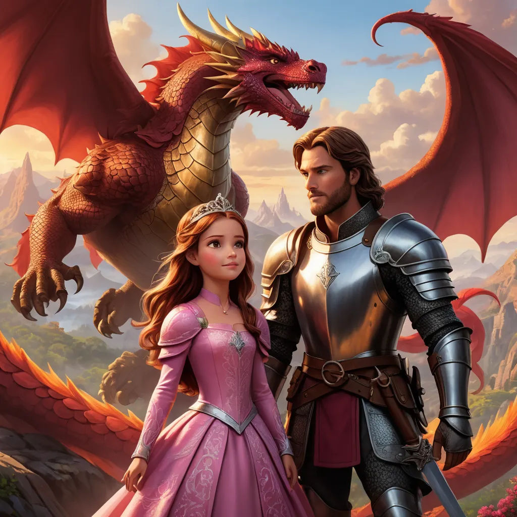 a man and a woman in medieval dress standing next to a dragon on a hill with a castle in the background, fantasy art, a storybook illustration, disney, key art