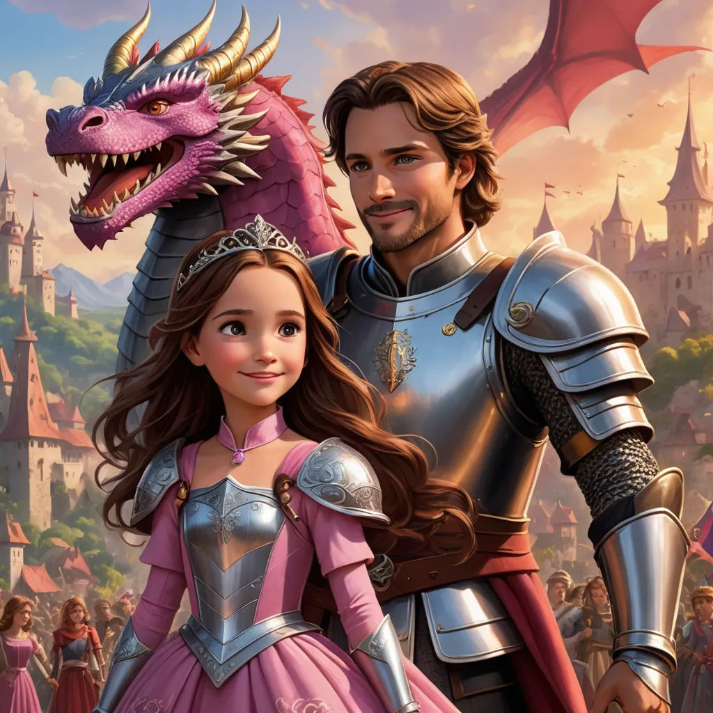 a man and a woman in a pink dress standing next to a dragon in a castle with a castle in the background, fantasy art, a storybook illustration, disney, official art