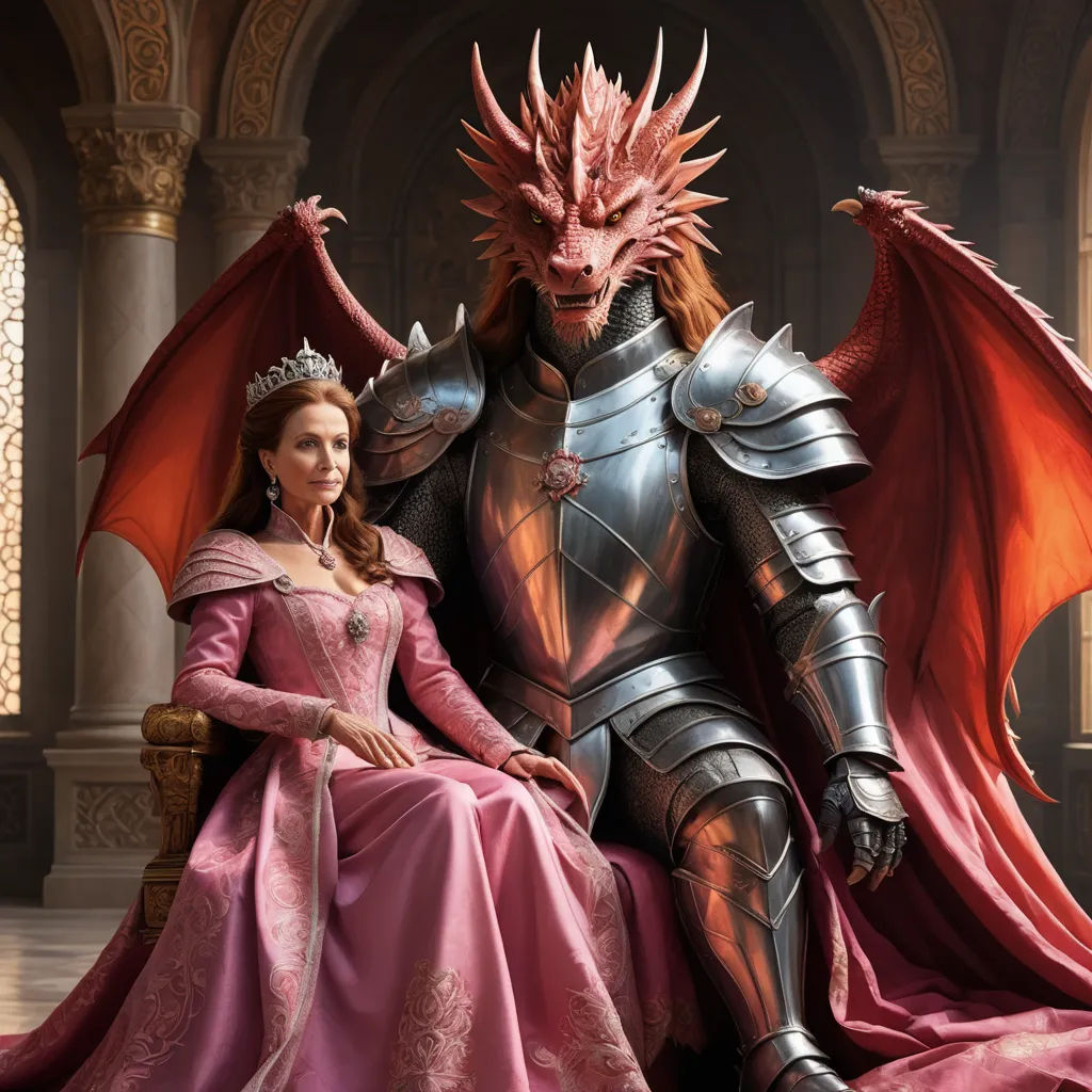 a woman in a pink dress sitting next to a dragon in a pink dress and a man in a suit, fantasy art, a poster, Edward George Handel Lucas, weta digital