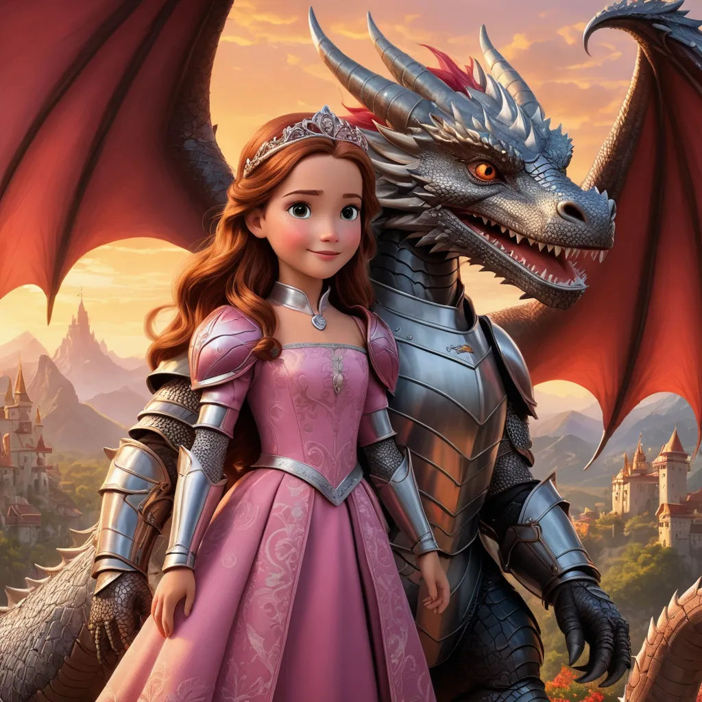 a young girl in a pink dress standing next to a dragon in a castle setting with a castle in the background, sots art, a poster, disney, promotional image