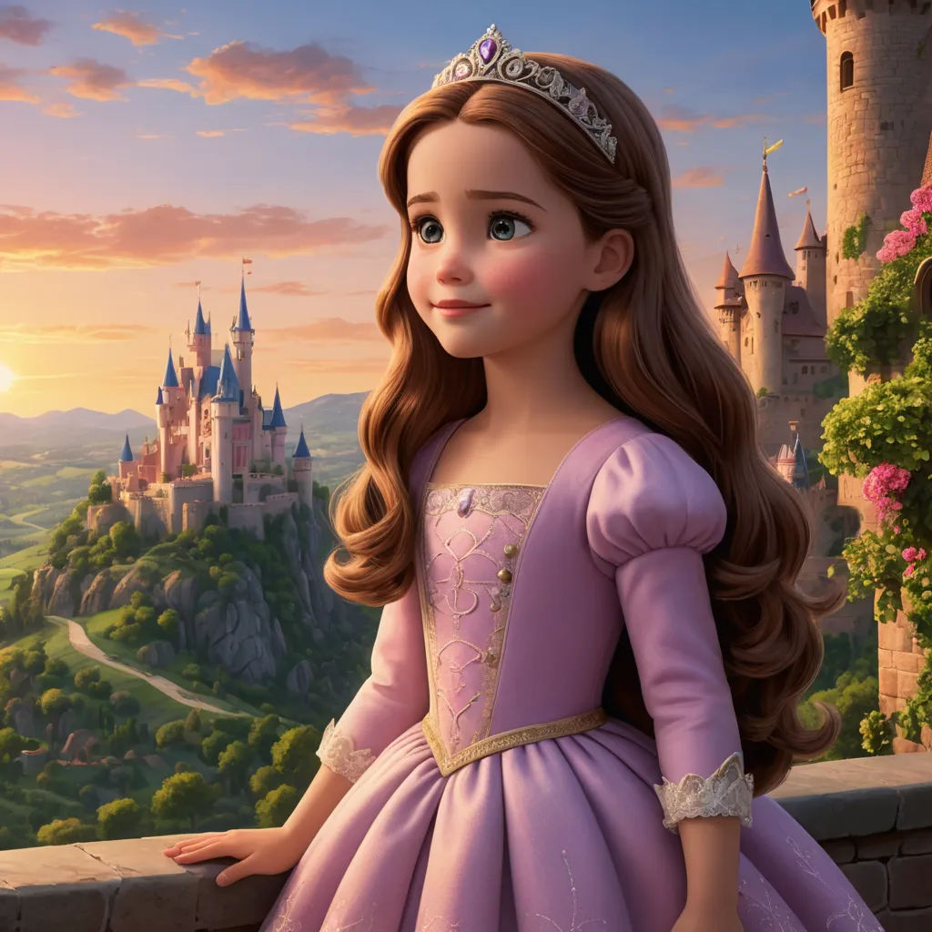 a young girl in a princess dress standing on a balcony overlooking a castle at sunset with a pink dress and tiara, sots art, a storybook illustration, disney, rossdraws global illumination