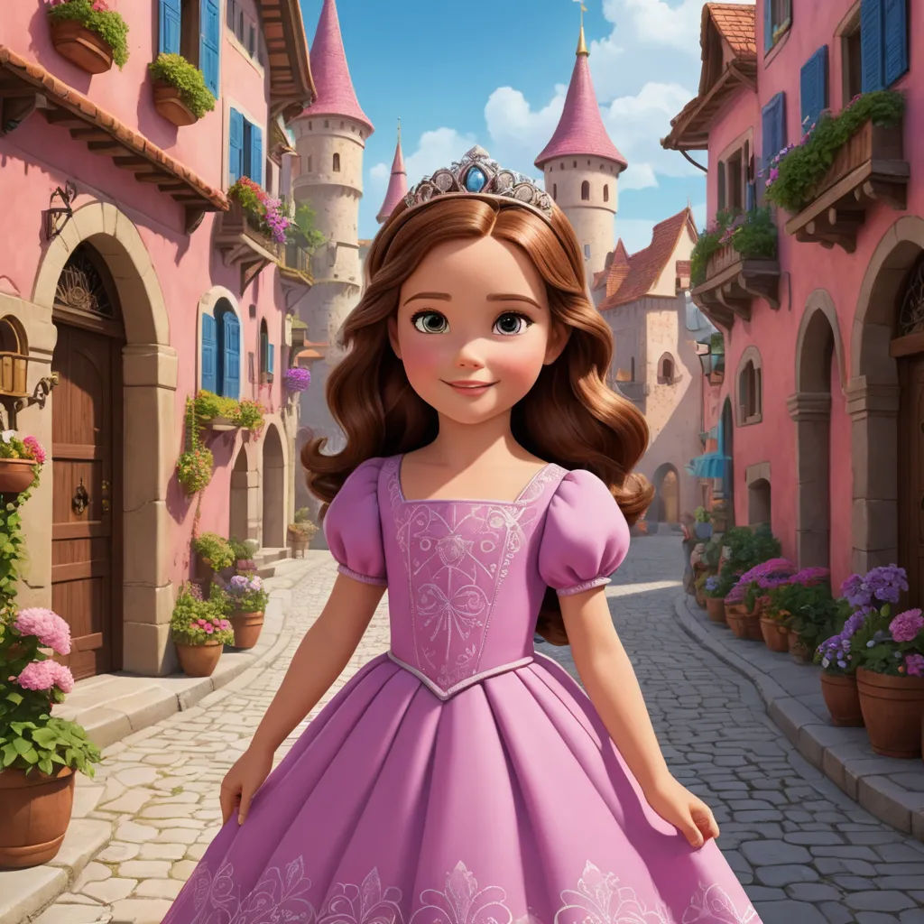 a cartoon girl in a princess dress standing in a street with a castle in the background and flowers in the foreground, photorealism, a detailed matte painting, disney, promotional image