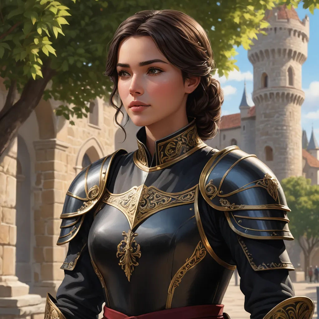 a woman in a black and gold outfit standing in front of a castle with a tree in the background, fantasy art, a detailed painting, Clint Cearley, epic fantasy character art