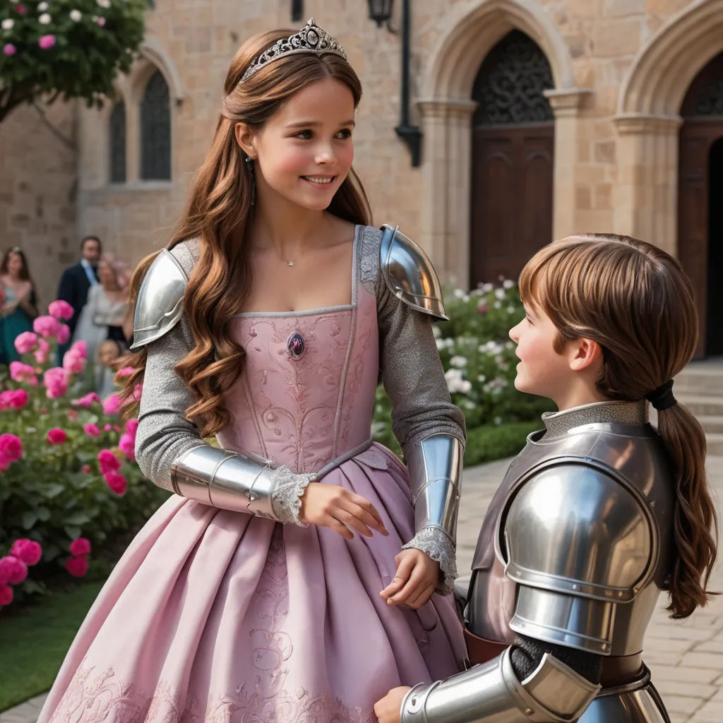 a little girl in a pink dress standing next to a little boy in a knight costume and a knight's armor, magical realism, a poster, disney, promotional image