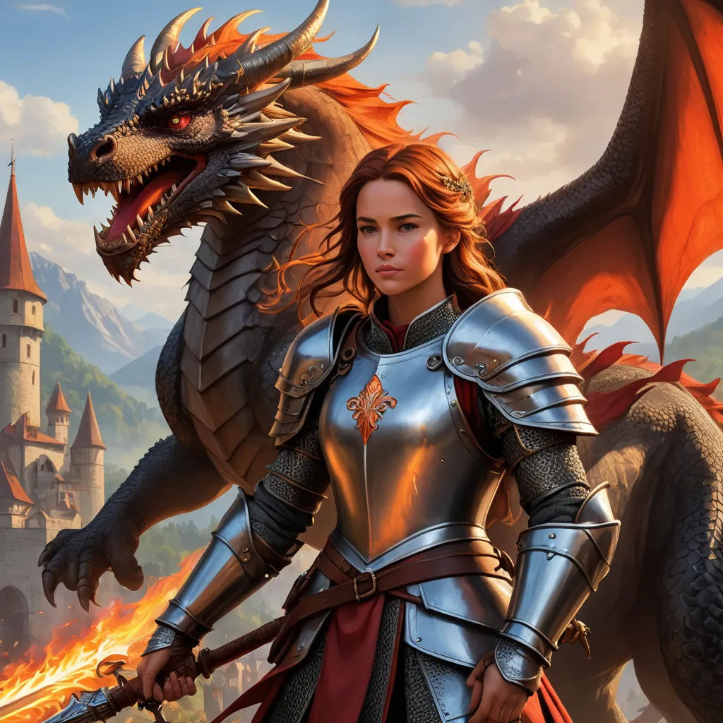 a woman in a knight outfit standing next to a dragon and a castle in the background with a sword, fantasy art, concept art, Clint Cearley, epic fantasy character art