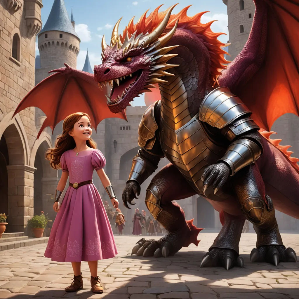 a young girl standing next to a dragon statue in a castle courtyard with a castle in the background and a woman in a pink dress, sots art, a storybook illustration, Ada Gladys Killins, promotional image