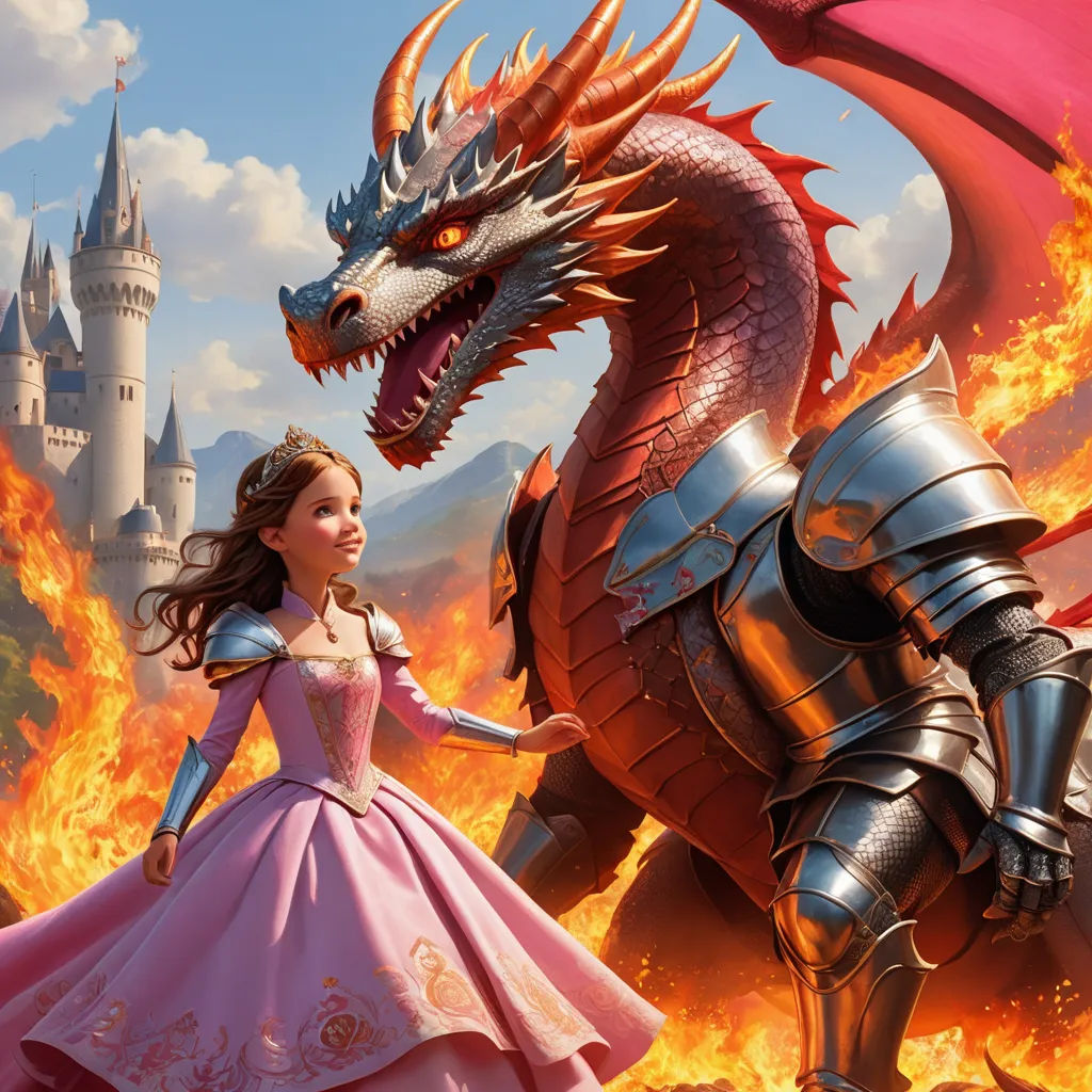 a girl in a pink dress standing next to a dragon in front of a castle with a red fire, fantasy art, a storybook illustration, disney, dragon art