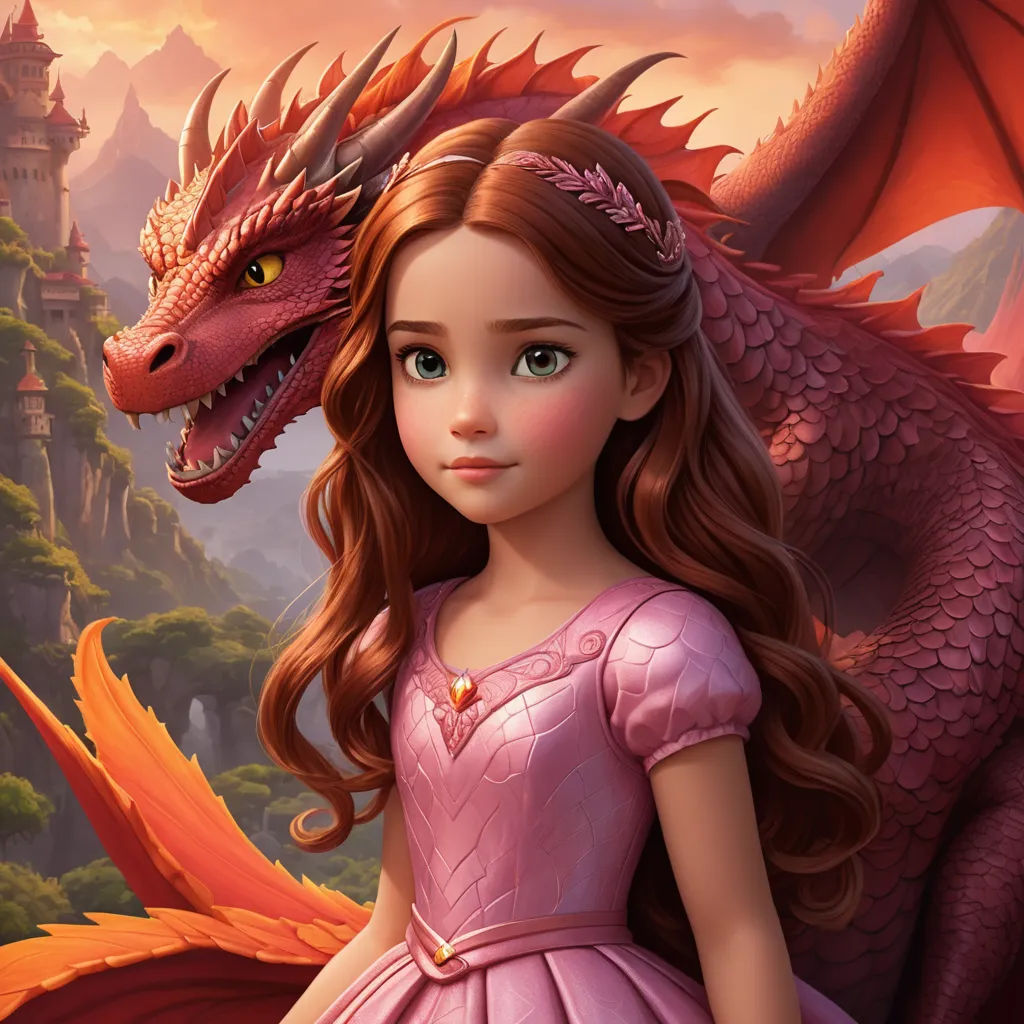 a girl in a pink dress standing next to a dragon in a forest with a castle in the background, fantasy art, a storybook illustration, Anne Stokes, dragon art