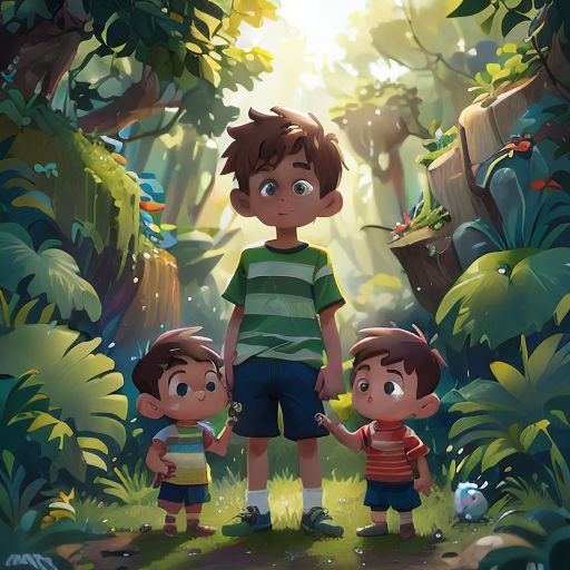 a couple of kids standing next to each other in a forest with a bird on the tree branch behind them