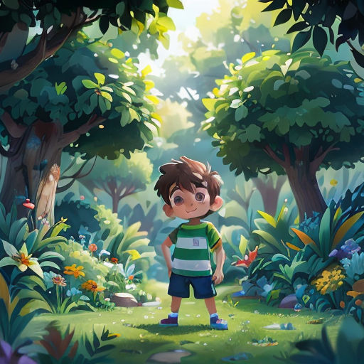 a boy standing in the middle of a forest with trees and flowers around him, looking at the ground
