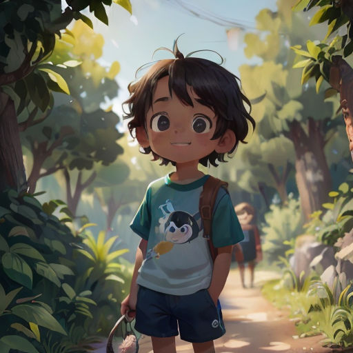 a boy with a backpack and a tennis racket in a forest with a dog on a leash in front of him