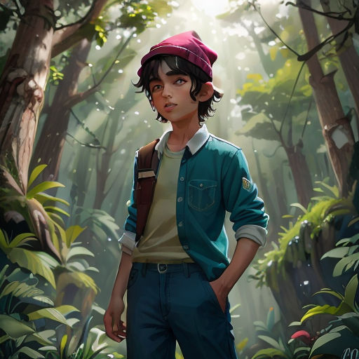 a boy in a red hat standing in a forest with a backpack on his back and a backpack on his shoulder