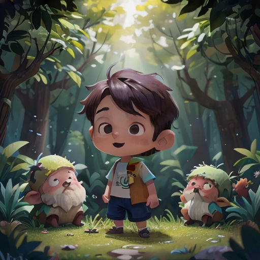 a boy standing in the middle of a forest with other small animals and trees around him, with a light shining on him