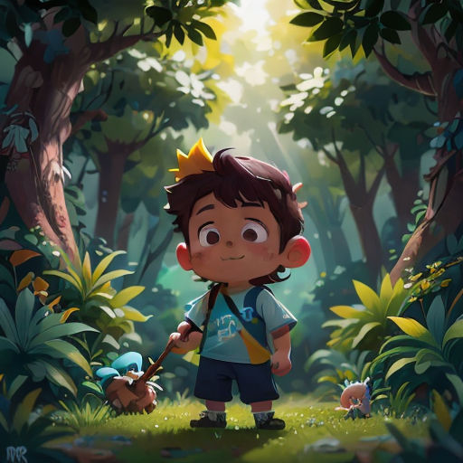 a boy with a crown on his head is walking through the woods with a dog and a toy in his hand