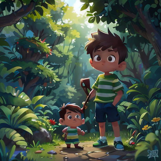 a boy and a boy are standing in the woods with a stick in their hand and a boy is holding a stick