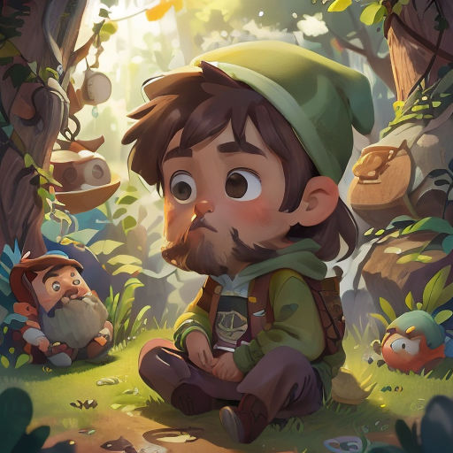 a cartoon character sitting in the woods with a forest background and a forest scene behind him, with a gnome and a forest - like creature