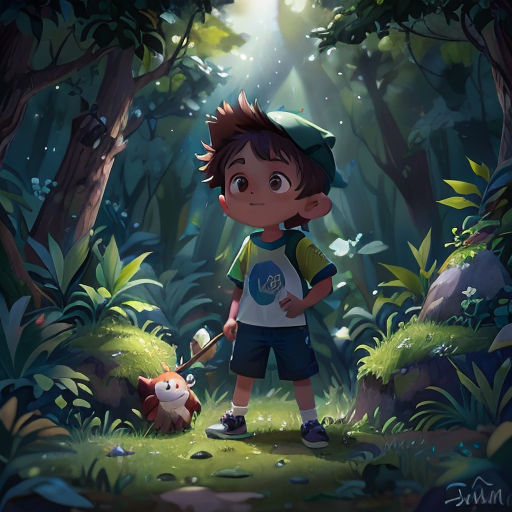 a boy is standing in the woods with a dog and a light shining on him from behind him is a forest with a dog and a forest with a boy