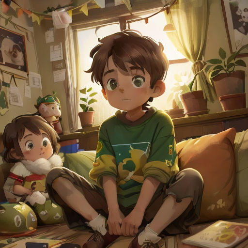 a boy sitting on a couch next to a girl with a doll in her lap and a window behind him