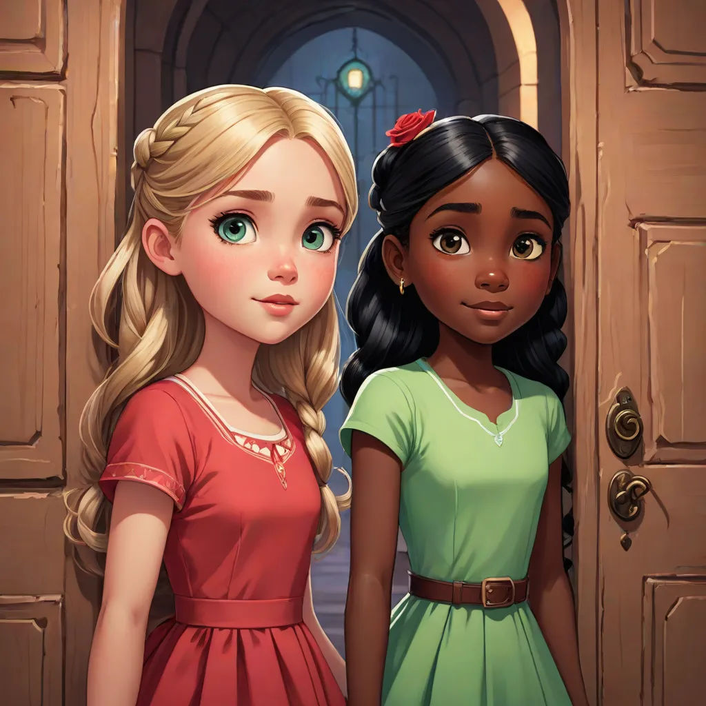 two young girls standing in front of a door with a light shining on them and a doorway behind them, concept art, disney, sots art, official art