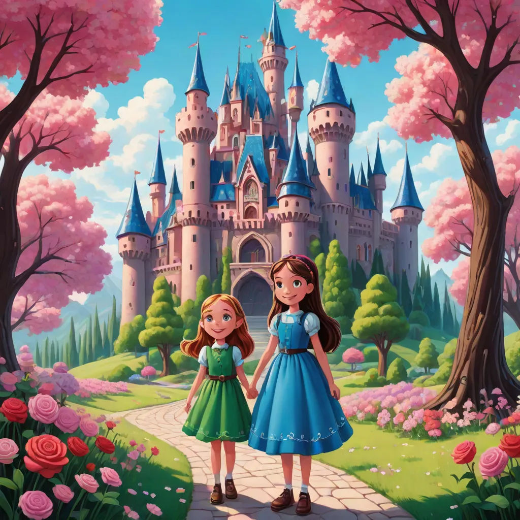 a cartoon of two girls standing in front of a castle with pink flowers and trees in the background,, a storybook illustration, disney, magical realism, rossdraws global illumination
