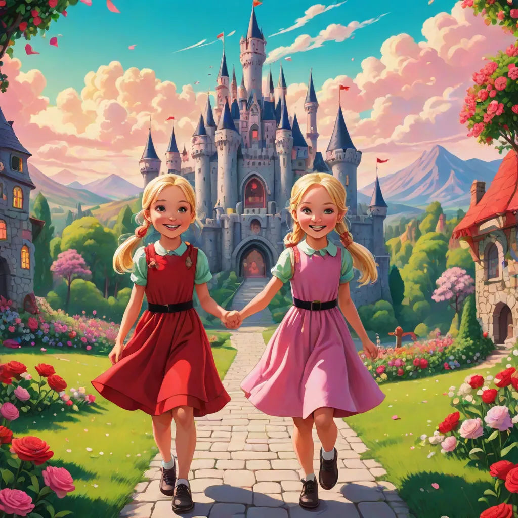 two girls are walking down a path towards a castle with a castle in the background and flowers in the foreground, a detailed matte painting, Brothers Hildebrandt, naive art, rossdraws global illumination