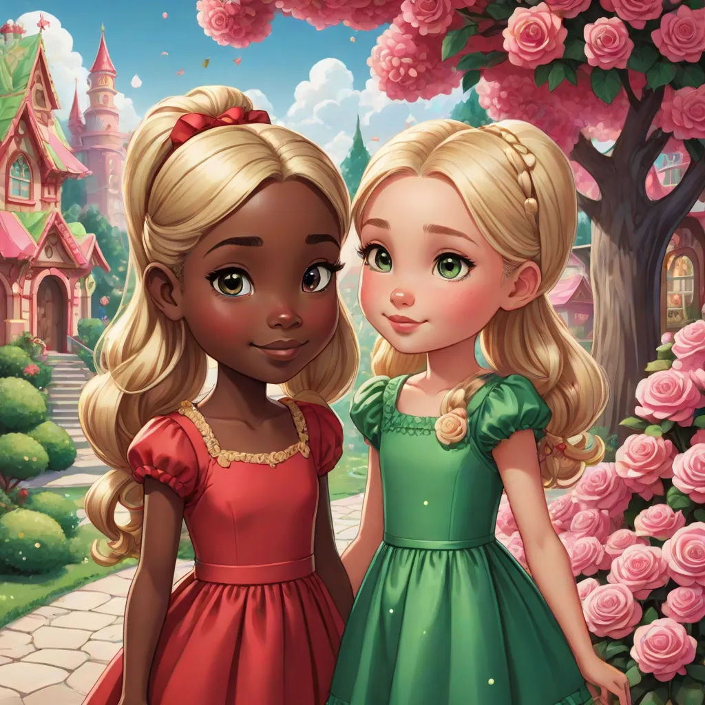 two girls standing next to each other in front of a tree and flowers with a castle in the background, a storybook illustration, disney, fantasy art, official art
