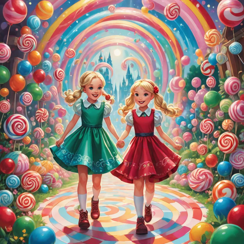 two girls are walking through a candy land with lollipops and a rainbow in the background,, an ultrafine detailed painting, Drew Struzan, pop surrealism, rossdraws global illumination