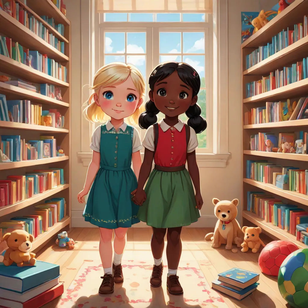 two young girls standing in a library with bookshelves full of books and teddy bears on the floor, a storybook illustration, disney, magical realism, official art