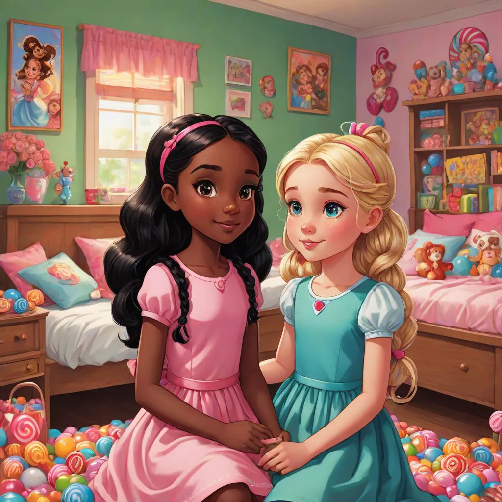 a painting of two girls in a bedroom with a bed full of candy balls and teddy bears in the background, a storybook illustration, disney, magical realism, official art