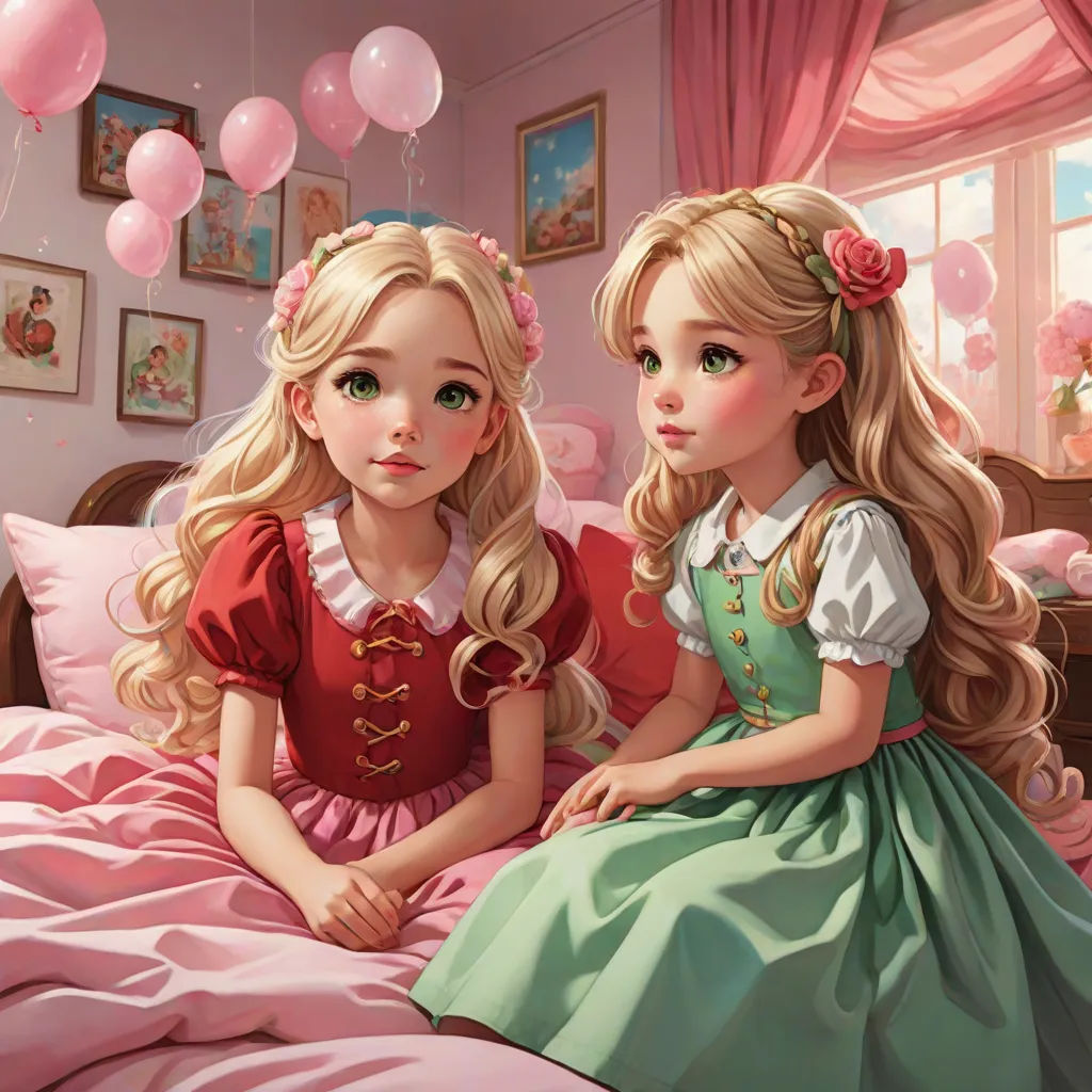 two girls sitting on a bed with balloons in the air above them and a pink bed spread on the bed, a storybook illustration, disney, fantasy art, highly detailed oil painting