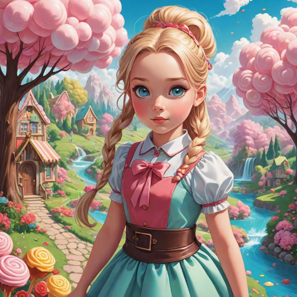 a painting of a girl in a dress standing in front of a pink flower garden with a house and a stream of water, an ultrafine detailed painting, Alice Prin, pop surrealism, rossdraws global illumination
